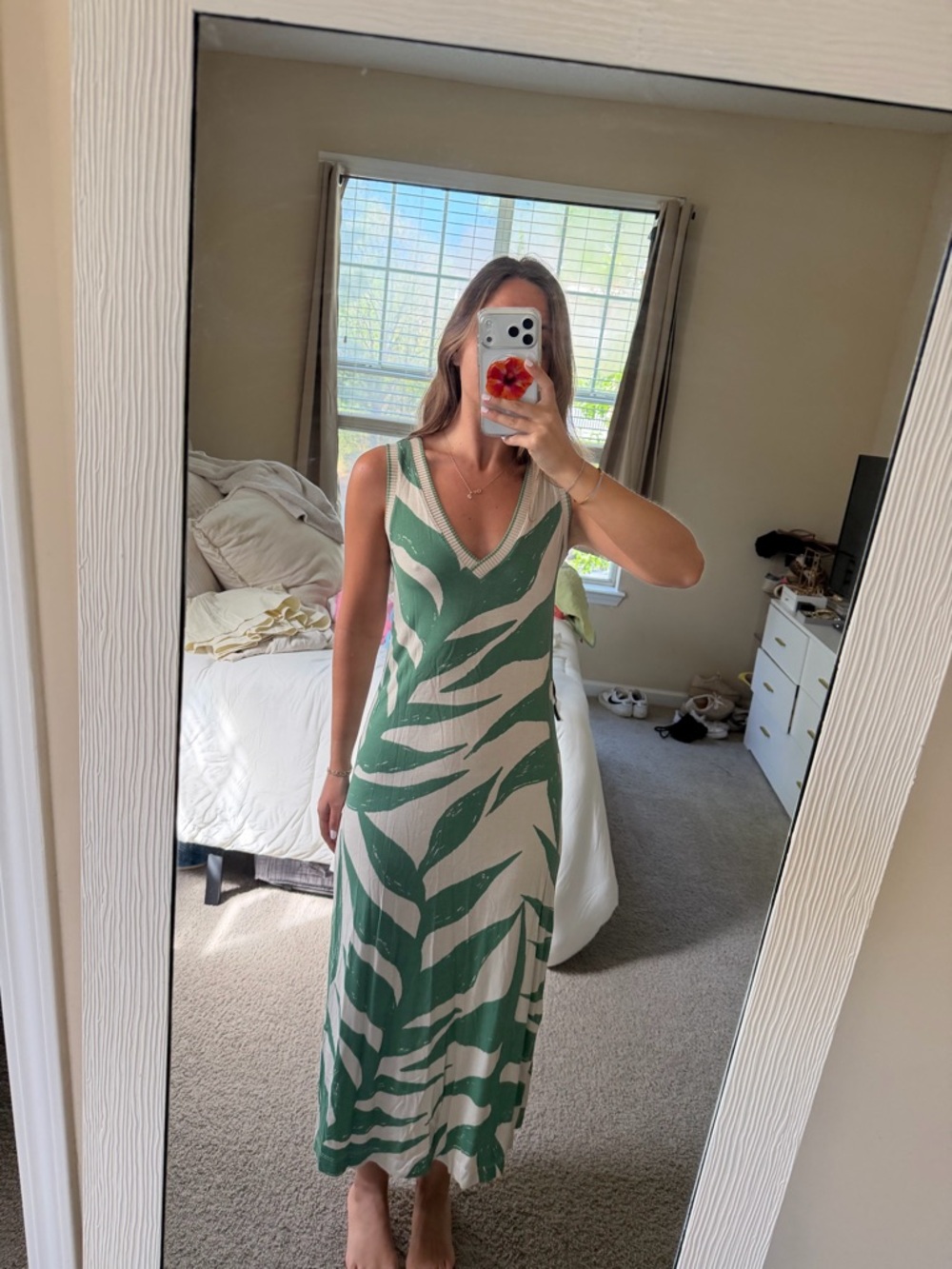 Green Leaf-Print V-Neck Maxi Dress